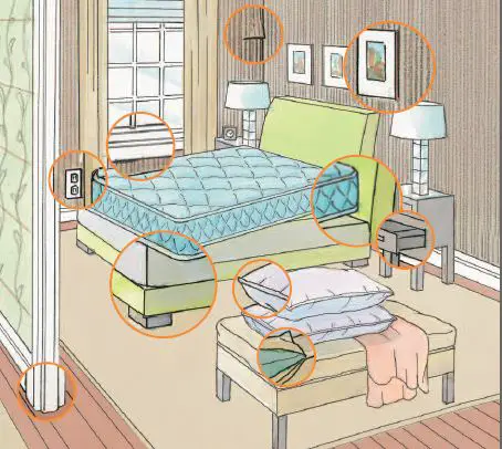 Typical bed bug hiding places in room